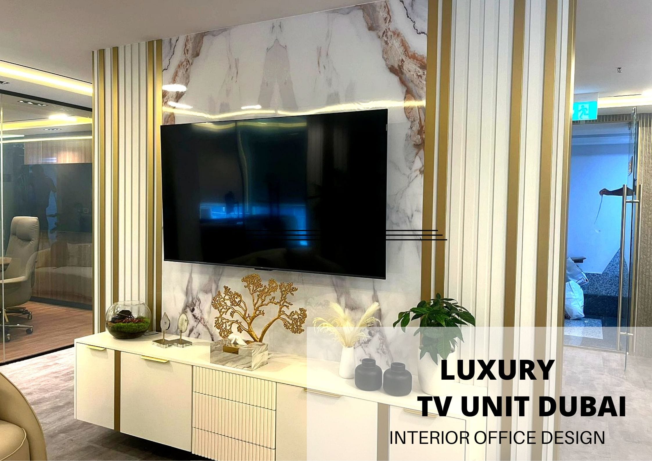 Custom TV wall unit with LED lighting and marble-effect panelling, Dubai