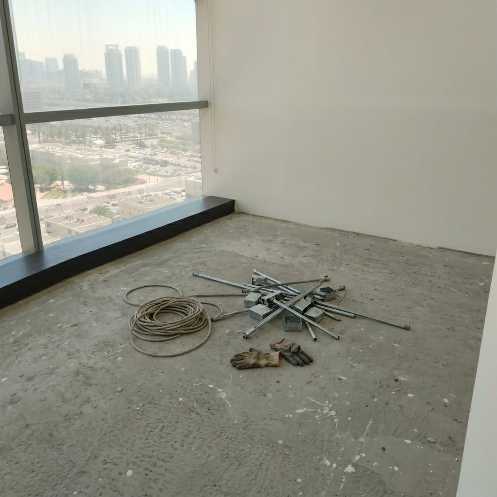 Bare concrete subfloor before flooring installation in a Dubai office by Zale Interior