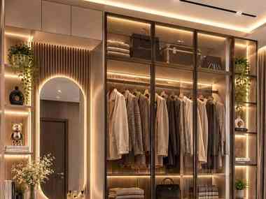 Custom walk-in wardrobe with dressing table and lighting, UAE