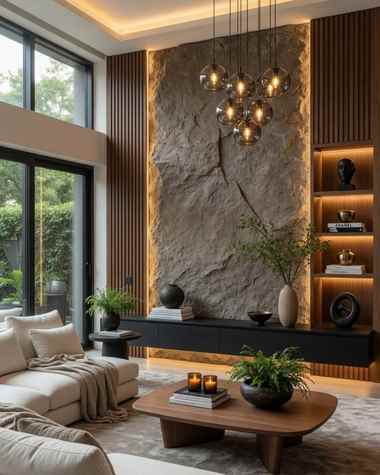 Completed living room custom joinery stone feature wall by Zale Interior