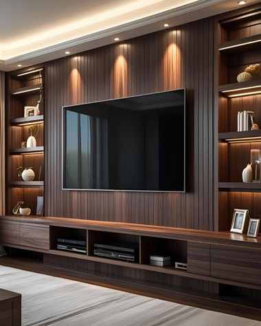 Finished custom TV wall unit with wood slat paneling by Zale Interior