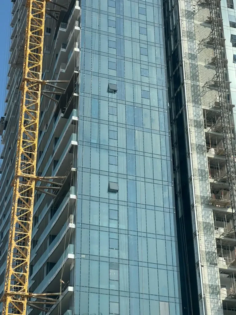 Close-up of curtain wall glazing on a Dubai tower facade
