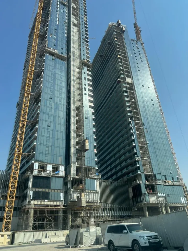Glass curtain wall facade on high-rise towers in Dubai